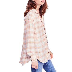 Free People, All About the Feels Plaid Buttondown, Coral, Size XS, NWT